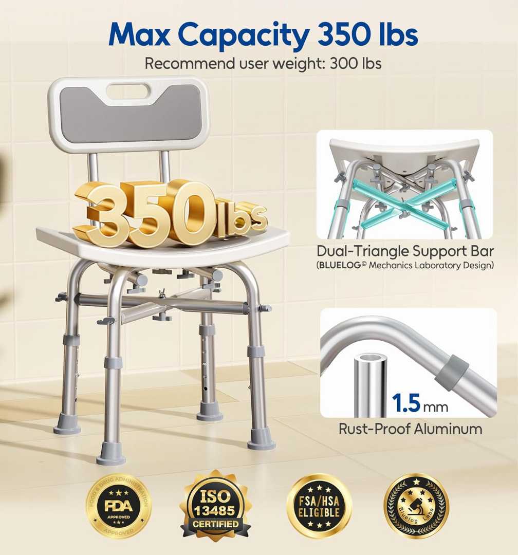 Shower Chair with Back, Adjustable height shower chair, adjustable shower chair for elderly, adjustable handicap bath seat, heavy duty shower chair, shower chair for disabled adults, Lightweight Show