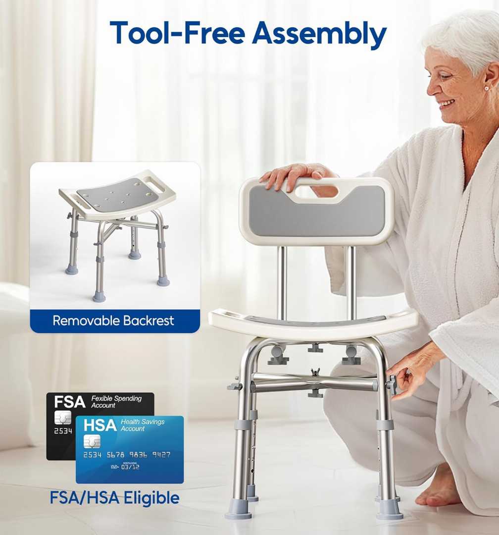 Shower Chair with Back, Adjustable height shower chair, adjustable shower chair for elderly, adjustable handicap bath seat, heavy duty shower chair, shower chair for disabled adults, Lightweight Show