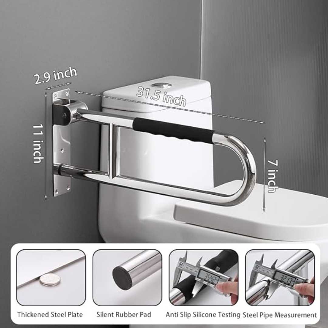 handicap grab bar for toilet, flip up grab bar for seniors, flip up toilet grab bar for elderly and disabled, heavy duty grab bar for toilet support, stainless steel grab bar for bathroom safety