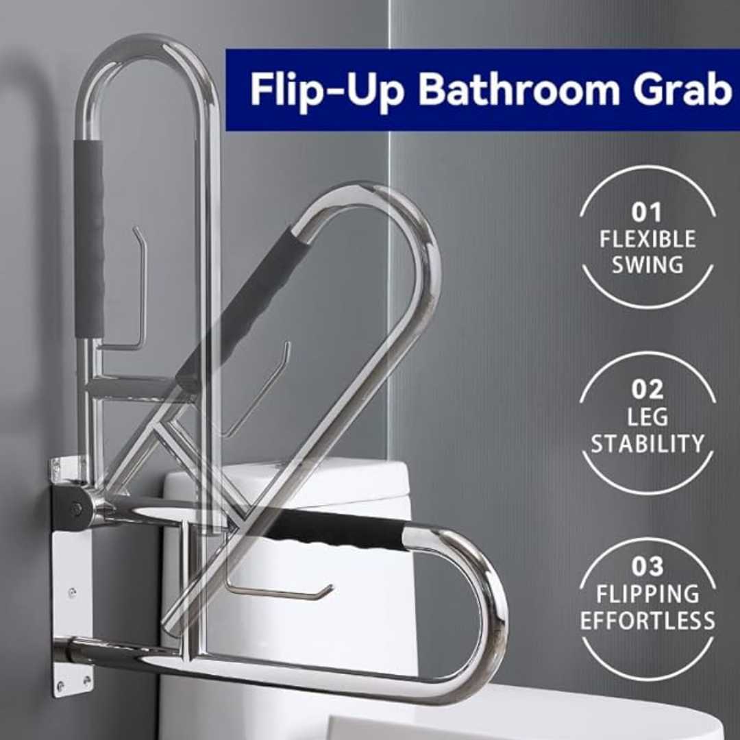 handicap grab bar for toilet, flip up grab bar for seniors, flip up toilet grab bar for elderly and disabled, heavy duty grab bar for toilet support, stainless steel grab bar for bathroom safety