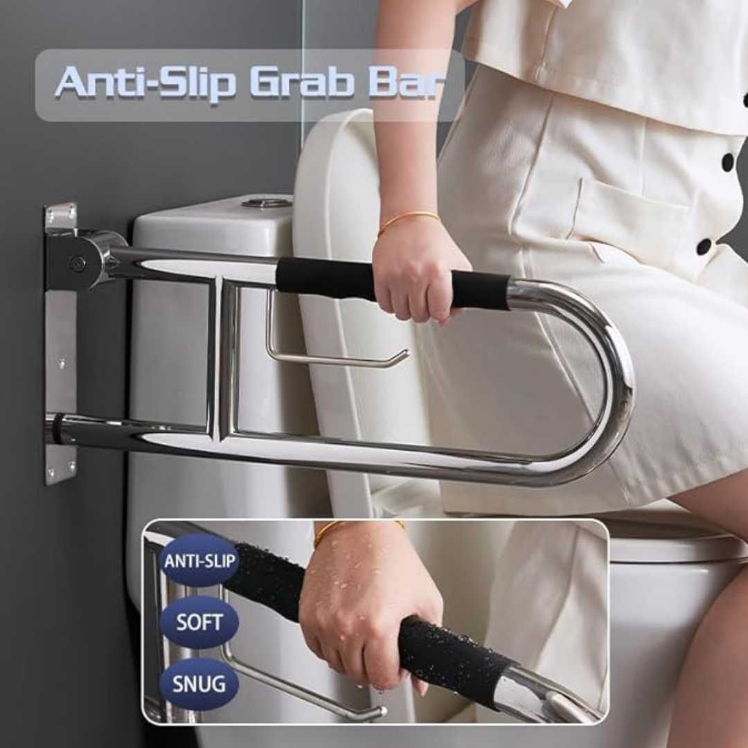 handicap grab bar for toilet, flip up grab bar for seniors, flip up toilet grab bar for elderly and disabled, heavy duty grab bar for toilet support, stainless steel grab bar for bathroom safety