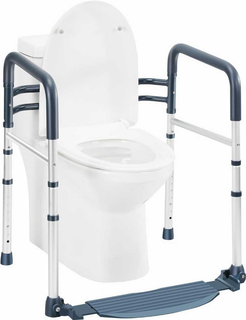 Toilet Safety Rails with Footrest ,adjustable toilet frame for elderly, Folding and Portable Toilet Handles for Elderly, Adjustable Height & Width Toilet Rails for older, portable toilet rails