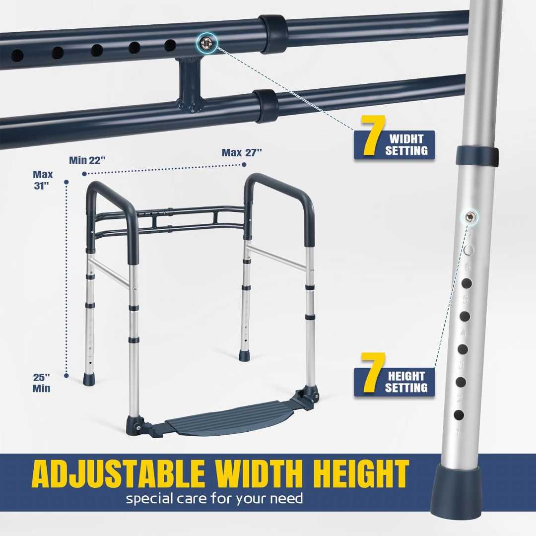 Toilet Safety Rails with Footrest ,adjustable toilet frame for elderly, Folding and Portable Toilet Handles for Elderly, Adjustable Height & Width Toilet Rails for older, portable toilet rails