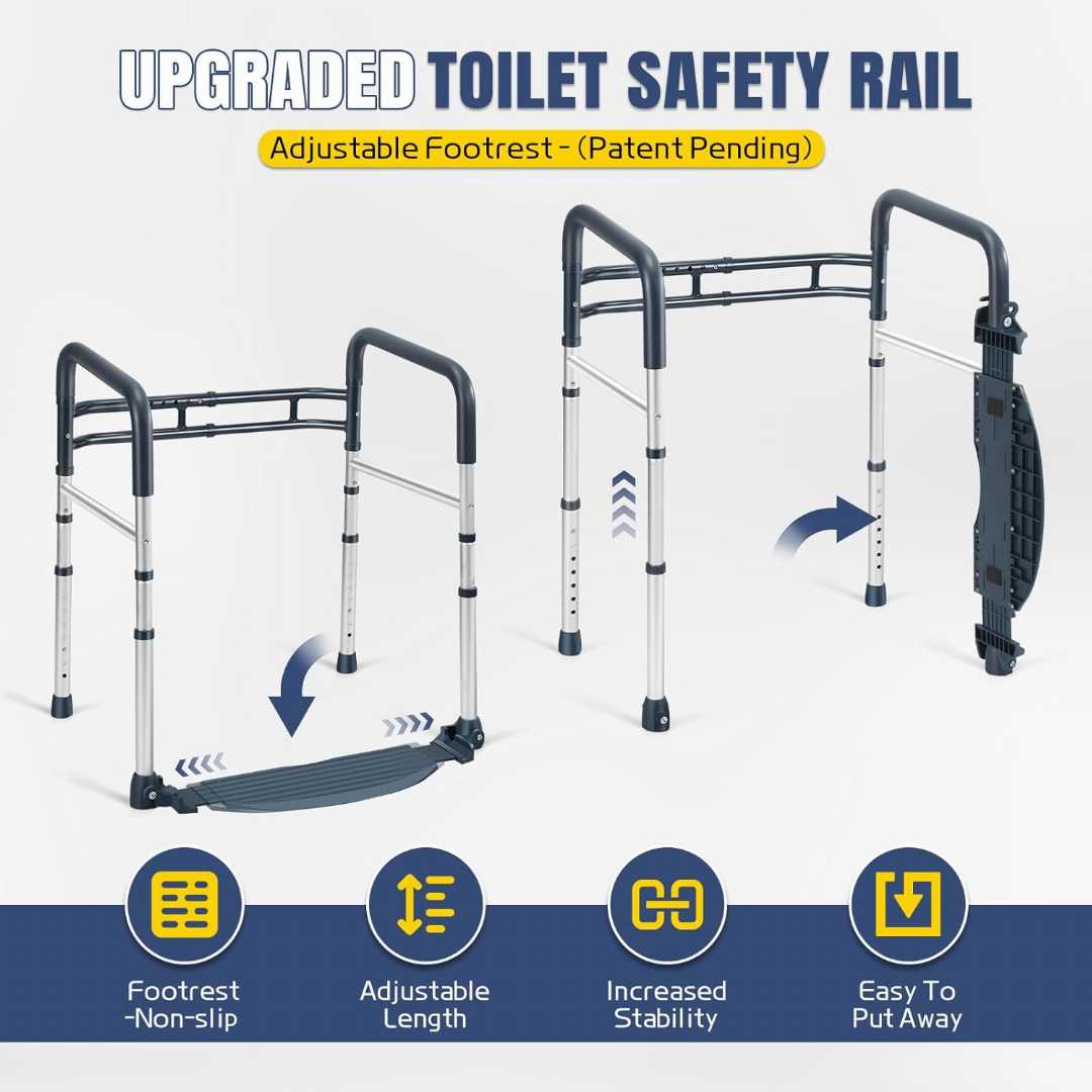 Toilet Safety Rails with Footrest ,adjustable toilet frame for elderly, Folding and Portable Toilet Handles for Elderly, Adjustable Height & Width Toilet Rails for older, portable toilet rails