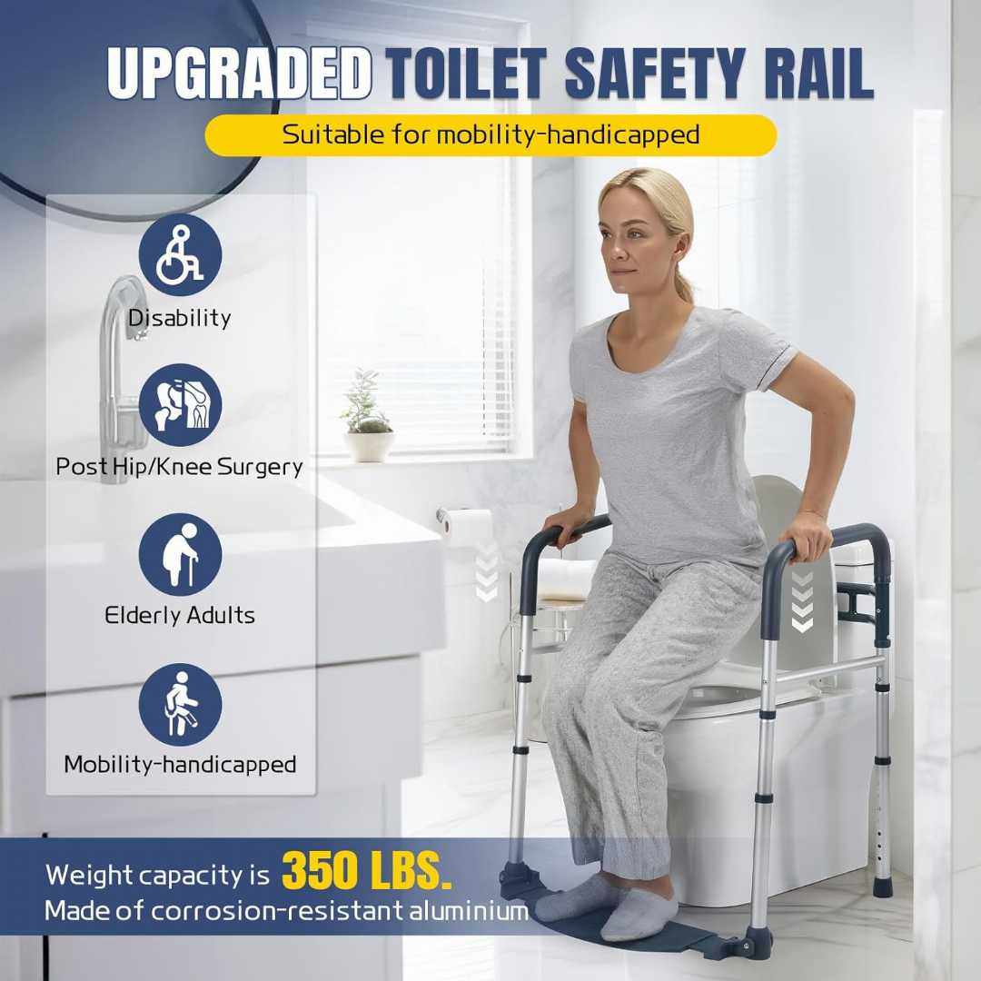 Toilet Safety Rails with Footrest ,adjustable toilet frame for elderly, Folding and Portable Toilet Handles for Elderly, Adjustable Height & Width Toilet Rails for older, portable toilet rails 