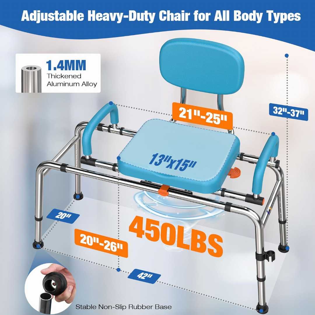 WHLICKS sliding transfer bench, adjustable shower transfer seat, disabled shower chair, elderly bathtub bench, non-slip transfer seat, bath and shower mobility aid, sliding shower seat