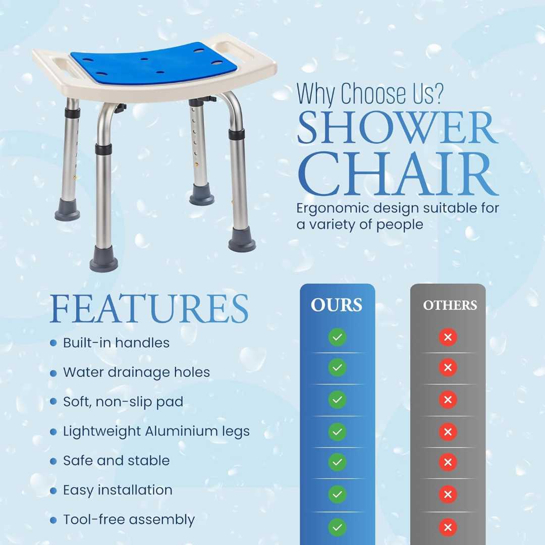 Adjustable height shower chair , Heavy duty shower chair , Shower chair for elderly and disabled , lightweight shower chair, compact shower chair ,best compact shower chair for elderly