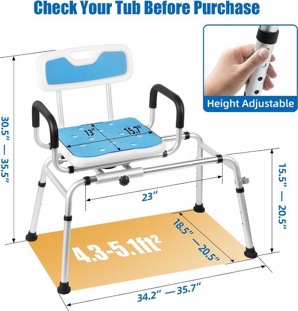 Sliding Shower Chair Tub Transfer Bench , Sliding Shower Chair Tub Transfer Bench for seniors, Tub Transfer Bench with Padded Armrests , Sliding Shower Chair Tub Transfer Bench with Padded Armrests