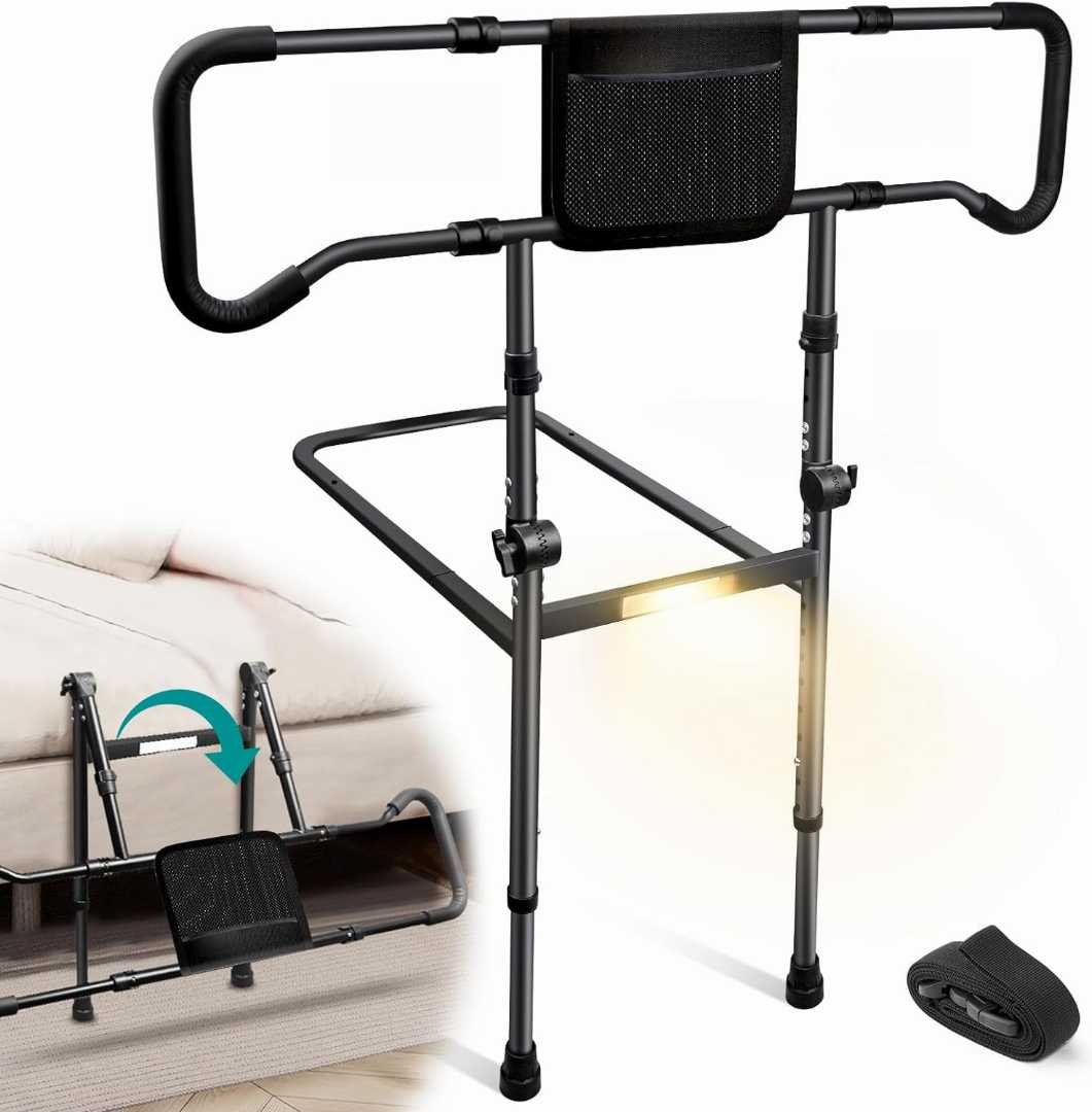 Bed Assist Rails with Sensor Light,Stable Bed Assist Rails with Motion Light,Bed Assist Rails with Motion Light,Bed Assist Rails for avoid seniors fall prevention, Adjustable Heights Bed Cane