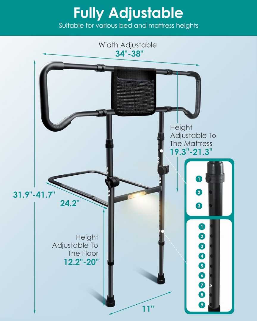 Bed Assist Rails with Sensor Light,Stable Bed Assist Rails with Motion Light,Bed Assist Rails with Motion Light,Bed Assist Rails for avoid seniors fall prevention, Adjustable Heights Bed Cane