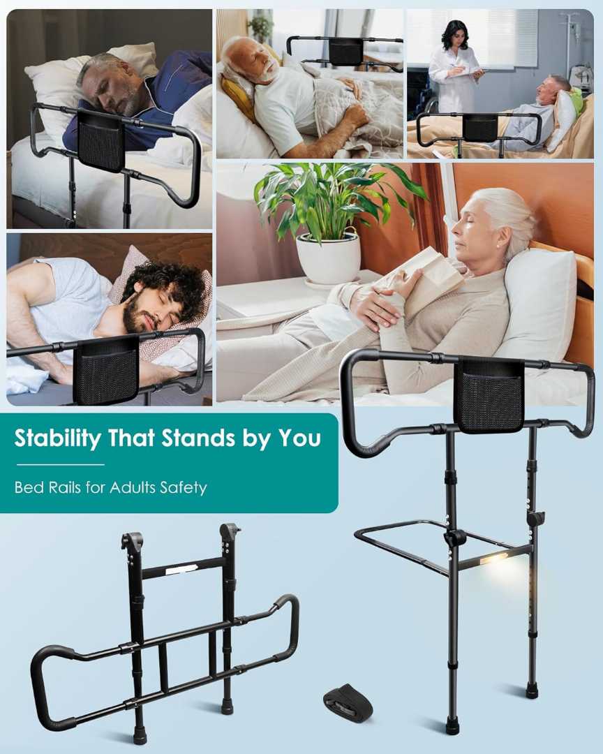 Bed Assist Rails with Sensor Light,Stable Bed Assist Rails with Motion Light,Bed Assist Rails with Motion Light,Bed Assist Rails for avoid seniors fall prevention, Adjustable Heights Bed Cane