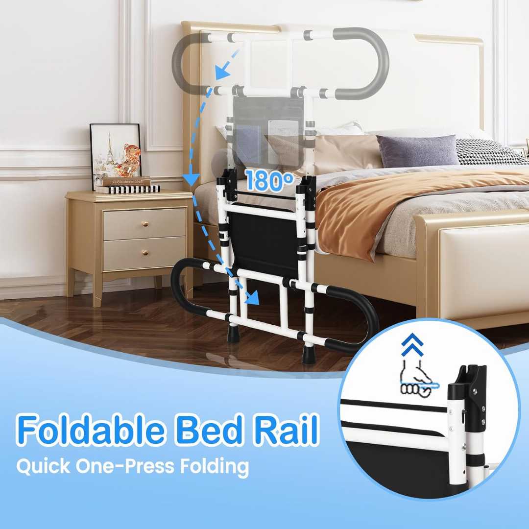Heavy Duty Bed Rails for Elderly, Height Adjustable Bed Side Rails, adjustable bed rails for seniors, bed rail assist for elderly, home care bed rail for elderly, safety bed rail with storage pouch