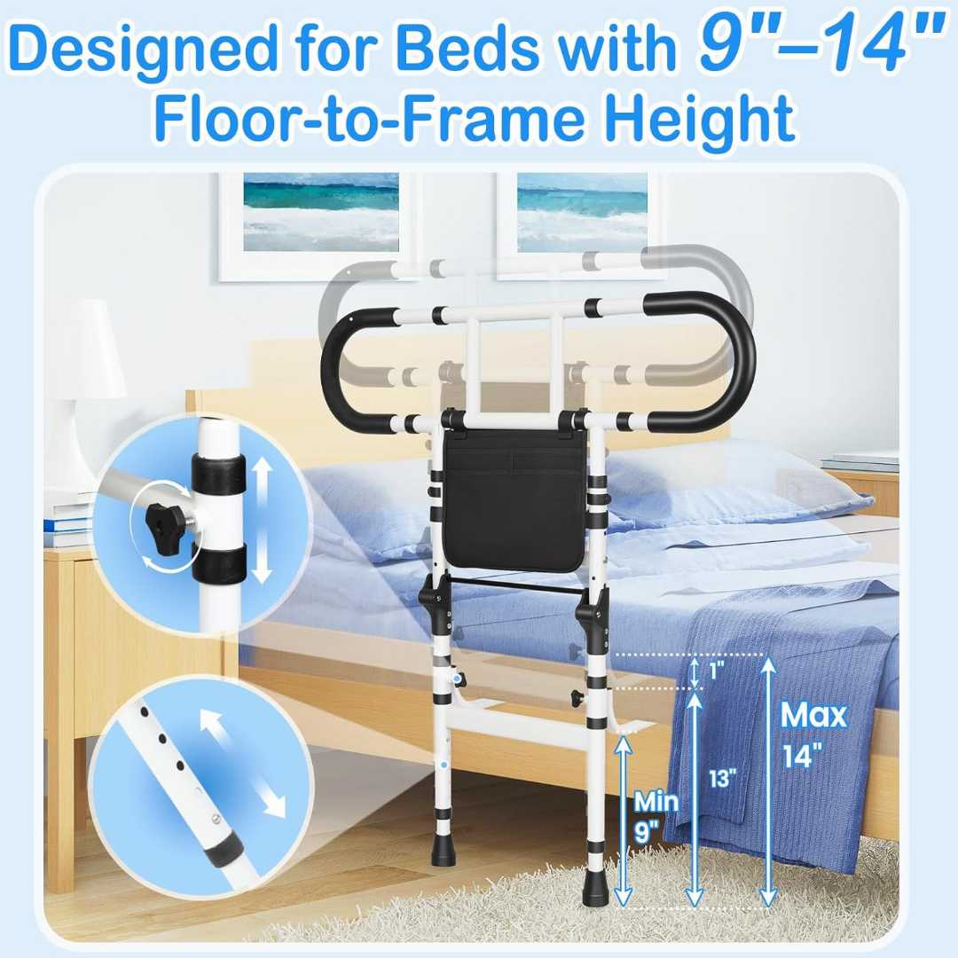 Heavy Duty Bed Rails for Elderly, Height Adjustable Bed Side Rails, adjustable bed rails for seniors, bed rail assist for elderly, home care bed rail for elderly, safety bed rail with storage pouch