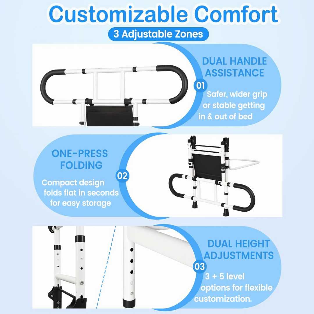Heavy Duty Bed Rails for Elderly, Height Adjustable Bed Side Rails, adjustable bed rails for seniors, bed rail assist for elderly, home care bed rail for elderly, safety bed rail with storage pouch 