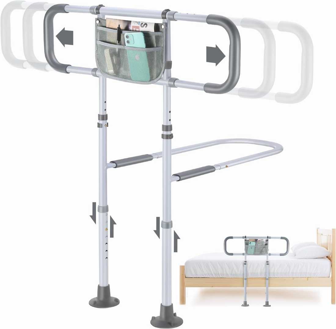  Bed Assist Rails for avoid seniors fall prevention, Adjustable Heights Bed Cane, Bed Assist Rails,Bed Support Side Railings for Seniors,safety bed rail with storage pouch 