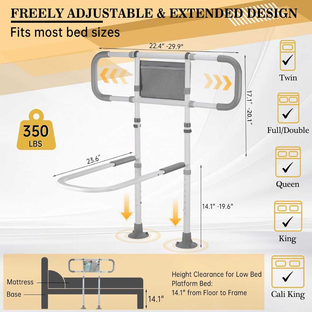  Bed Assist Rails for avoid seniors fall prevention, Adjustable Heights Bed Cane, Bed Assist Rails,Bed Support Side Railings for Seniors,safety bed rail with storage pouch 