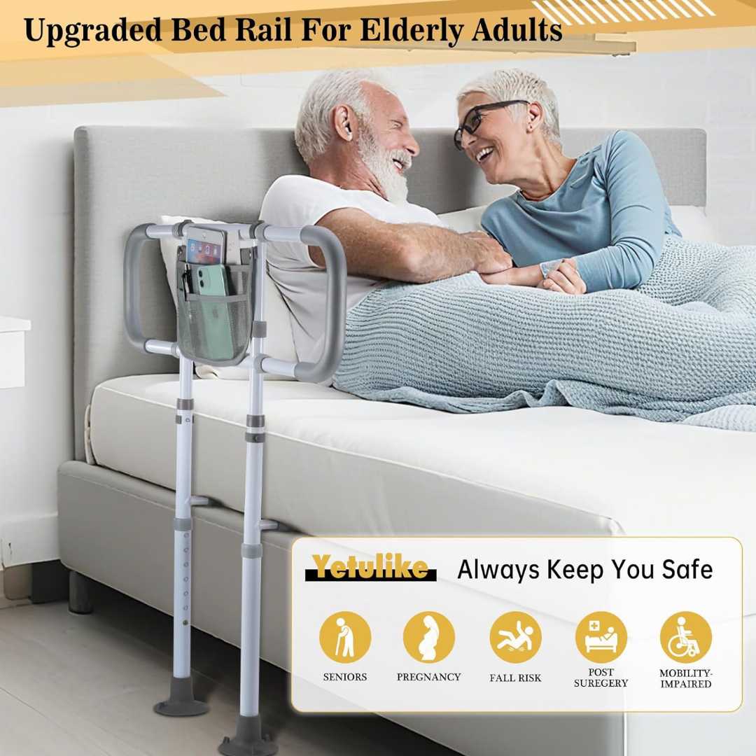  Bed Assist Rails for avoid seniors fall prevention, Adjustable Heights Bed Cane, Bed Assist Rails,Bed Support Side Railings for Seniors,safety bed rail with storage pouch 