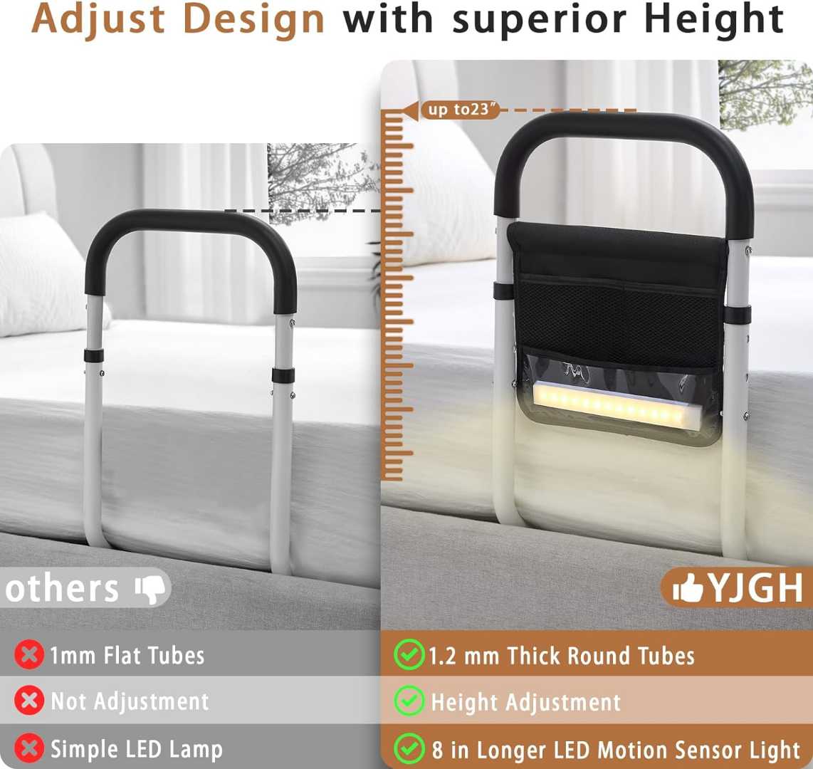Heavy Duty Bed Rails for Elderly, Foldable Bed Rail for olders,Bed Assist Rails with Motion Light , Bed Assist Rails for avoid seniors fall prevention,bed Cane with Non-Slip Ergonomic Handle