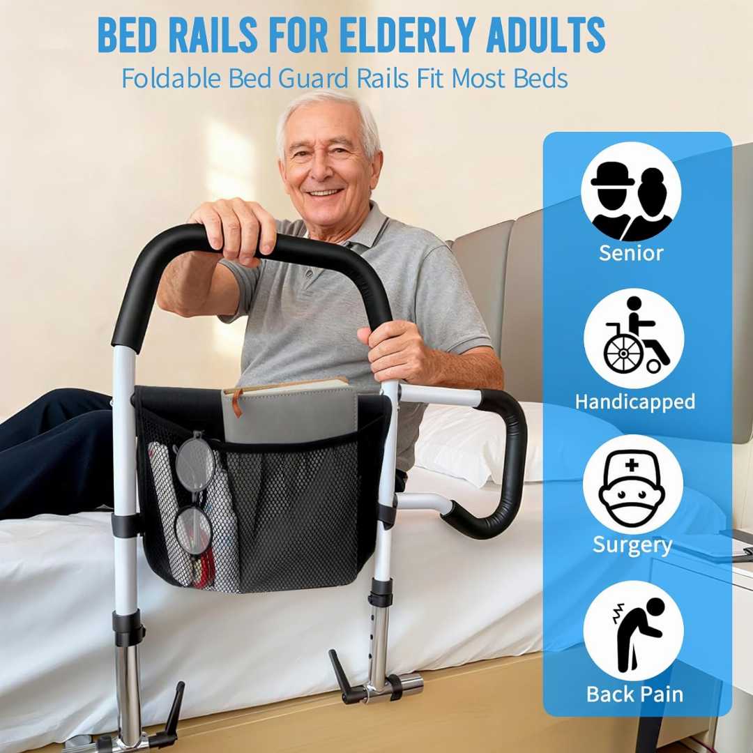 Height Adjustable Bed Side Rails,Heavy Duty Bed Rails for Elderly, Foldable Bed Rail for olders , adjustable bed rails for seniors, bed rail assist for elderly, safety bed rail with storage pocket