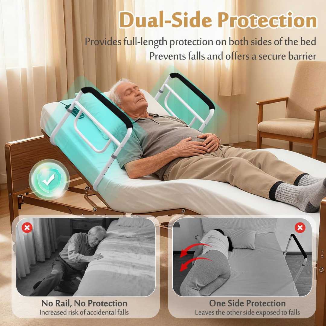 Double Bed Rail for hospital use ,Dual Side Safety Rails, Dual Side Safety Rails with U-Shaped Bar, ,Adjustable Bed Frame with Hospital Waterproof Mattress