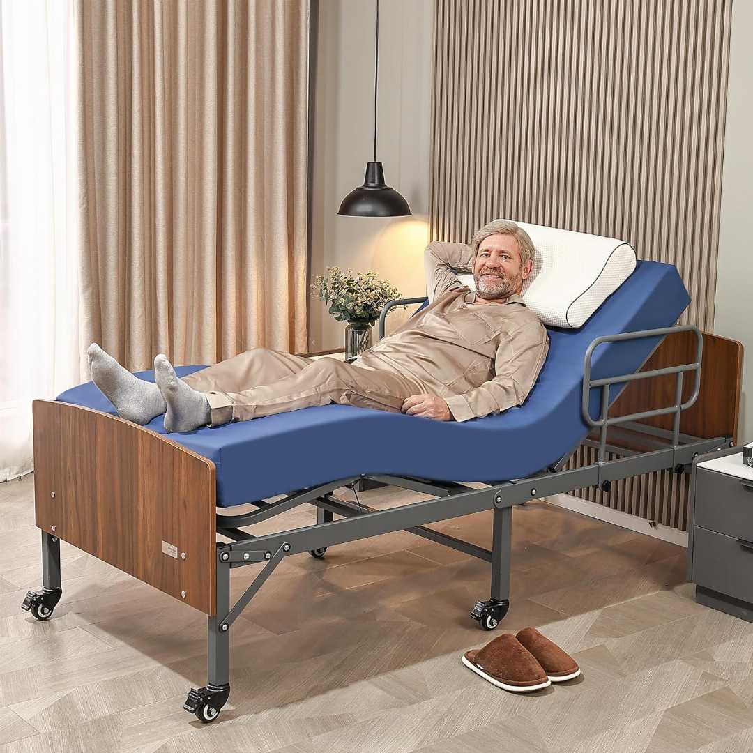 Bed Rails for elders with Wheels ,Adjustable Bed Frame with Hospital Waterproof Mattress, Bed Frame with Underbed Light, Bed Rails with Underbed Light