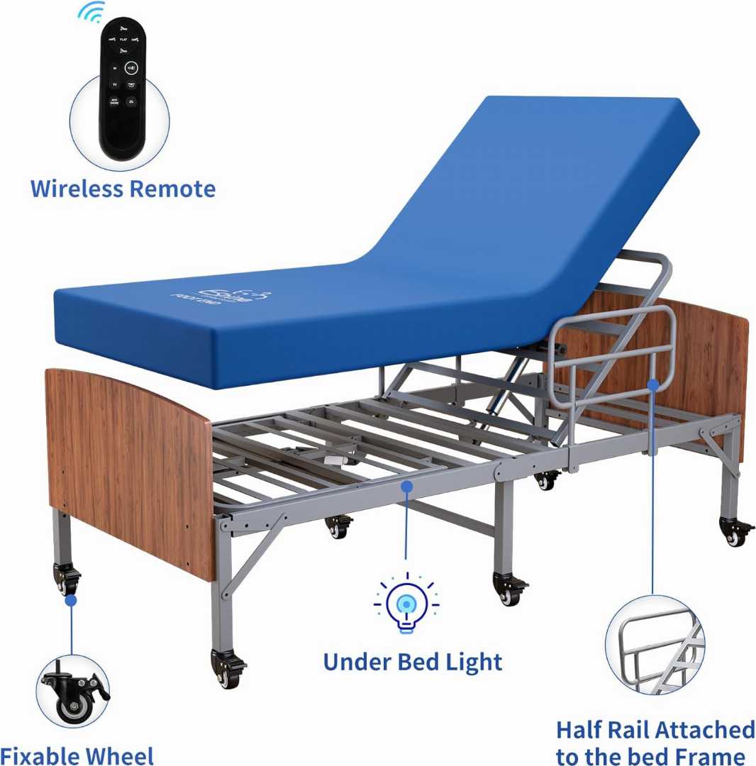 Bed Rails for elders with Wheels ,Adjustable Bed Frame with Hospital Waterproof Mattress, Bed Frame with Underbed Light, Bed Rails with Underbed Light