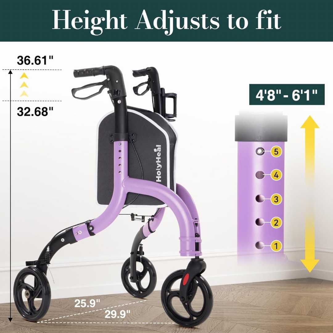 3 Wheel Walkers for Seniors, Lightweight Rollator Walkers, Adjustable Aluminum Three Wheel Rolling Walker, Aluminum Three Wheel Rolling Walker Mobility Aid, , 3 Wheel Walkers with storage bag