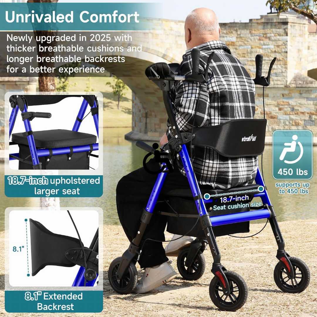 rollator walker, rollator walker with seat, stand up walker, walker with seat, walkers with seats for adults, children