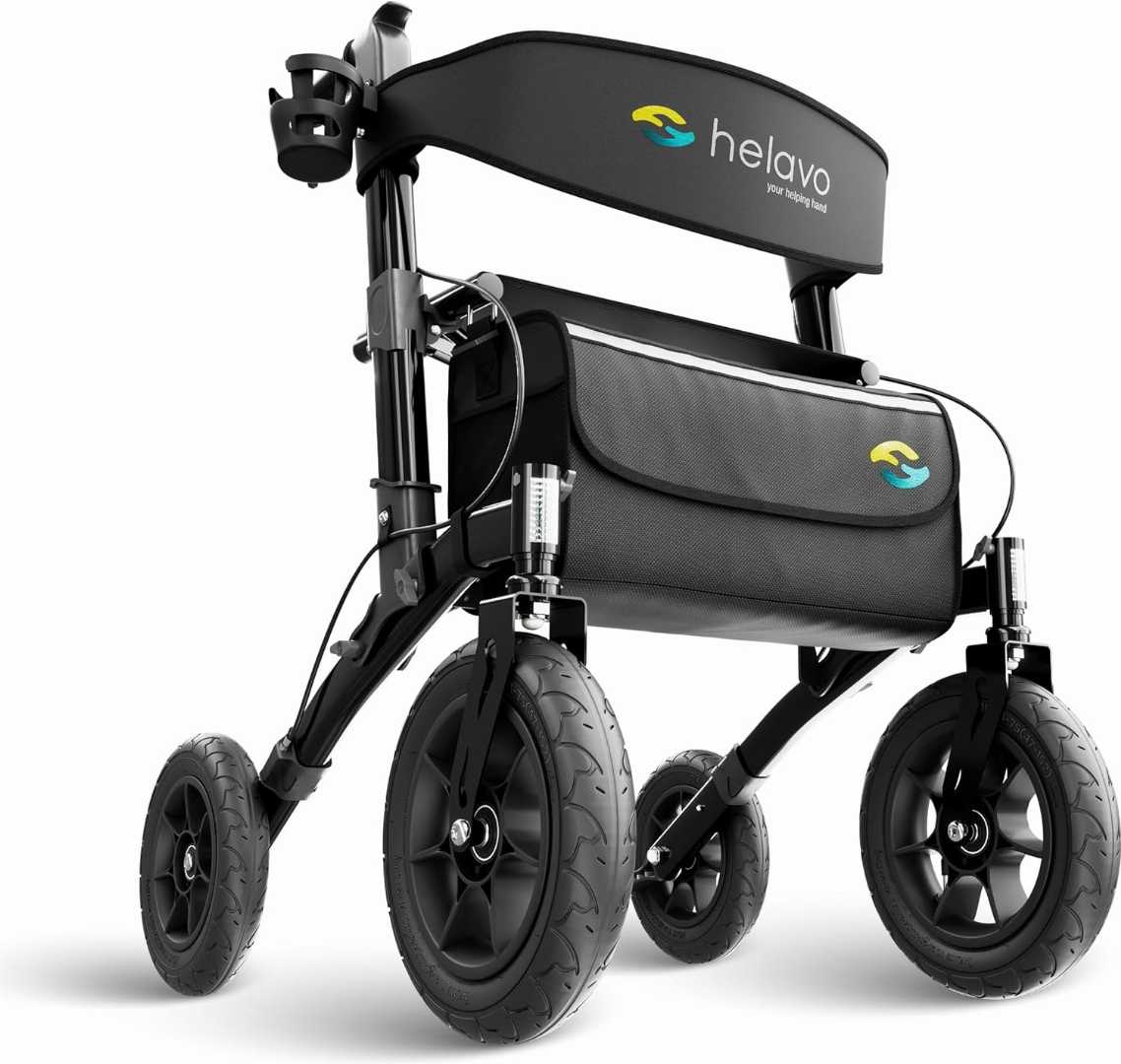 all terrain walker, all terrain knee walker, all terrain walker with seat, helavo all terrain walker, all terrain outdoor walker, what is a rollator walker, a walker with a seat, foldable stick walki