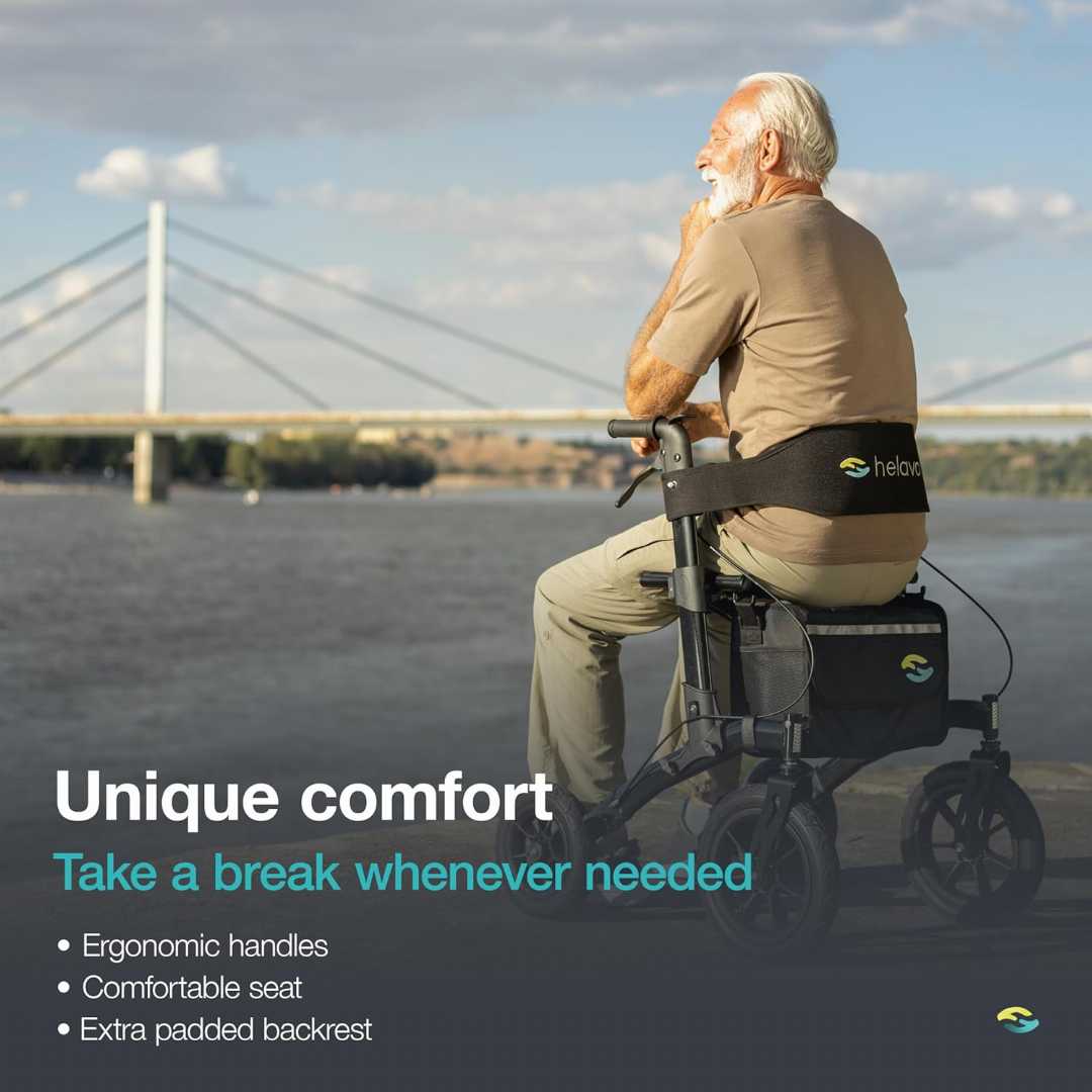 all terrain walker, all terrain knee walker, all terrain walker with seat, helavo all terrain walker, all terrain outdoor walker, what is a rollator walker, a walker with a seat, foldable stick walki