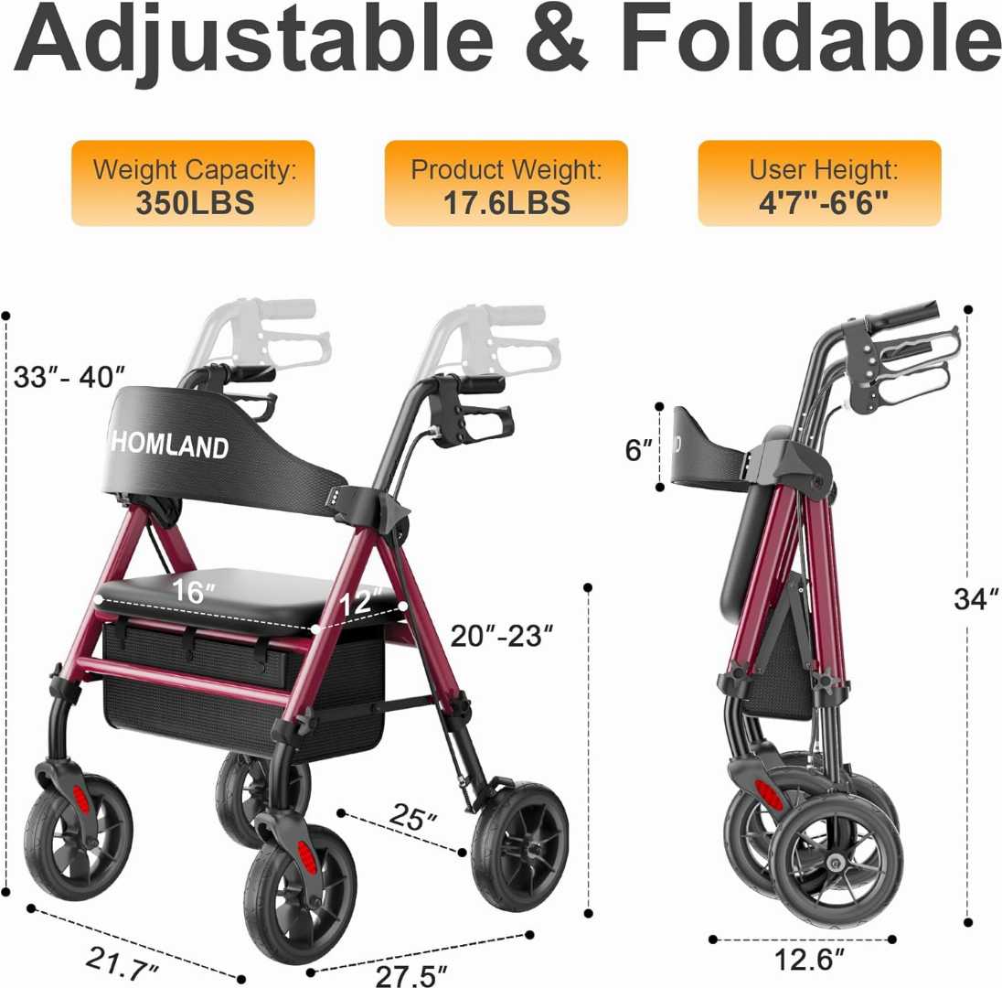 rolling walker, rolling walker with seat, mobility aids for walking, mobility walker seat, foldable stick walking"