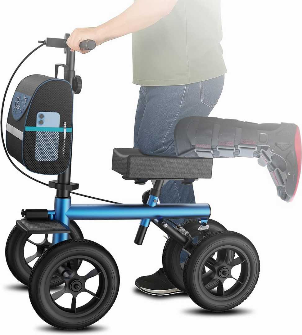 adjustable knee scooter, all terrain knee walker, foldable knee scooter, knee scooter review, mobility scooter for foot injury, crutches alternative