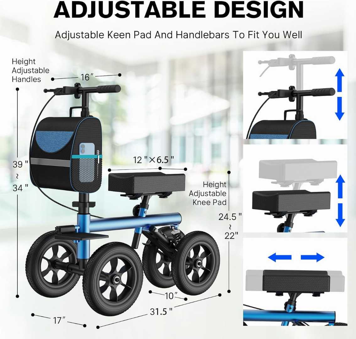 adjustable knee scooter, all terrain knee walker, foldable knee scooter, knee scooter review, mobility scooter for foot injury, crutches alternative