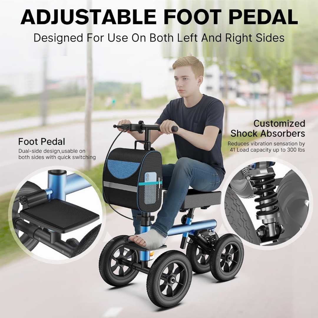 adjustable knee scooter, all terrain knee walker, foldable knee scooter, knee scooter review, mobility scooter for foot injury, crutches alternative