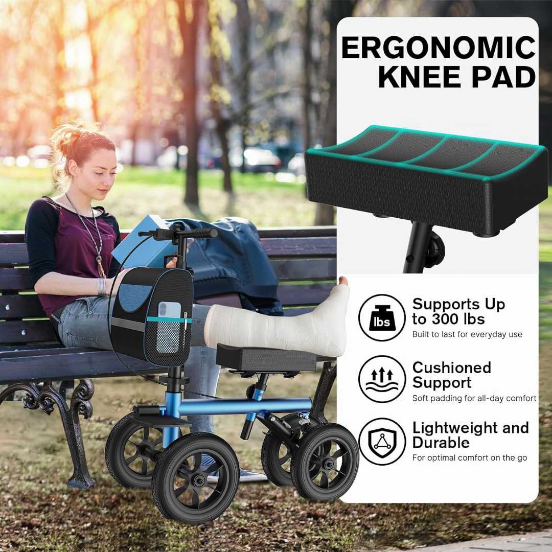 adjustable knee scooter, all terrain knee walker, foldable knee scooter, knee scooter review, mobility scooter for foot injury, crutches alternative