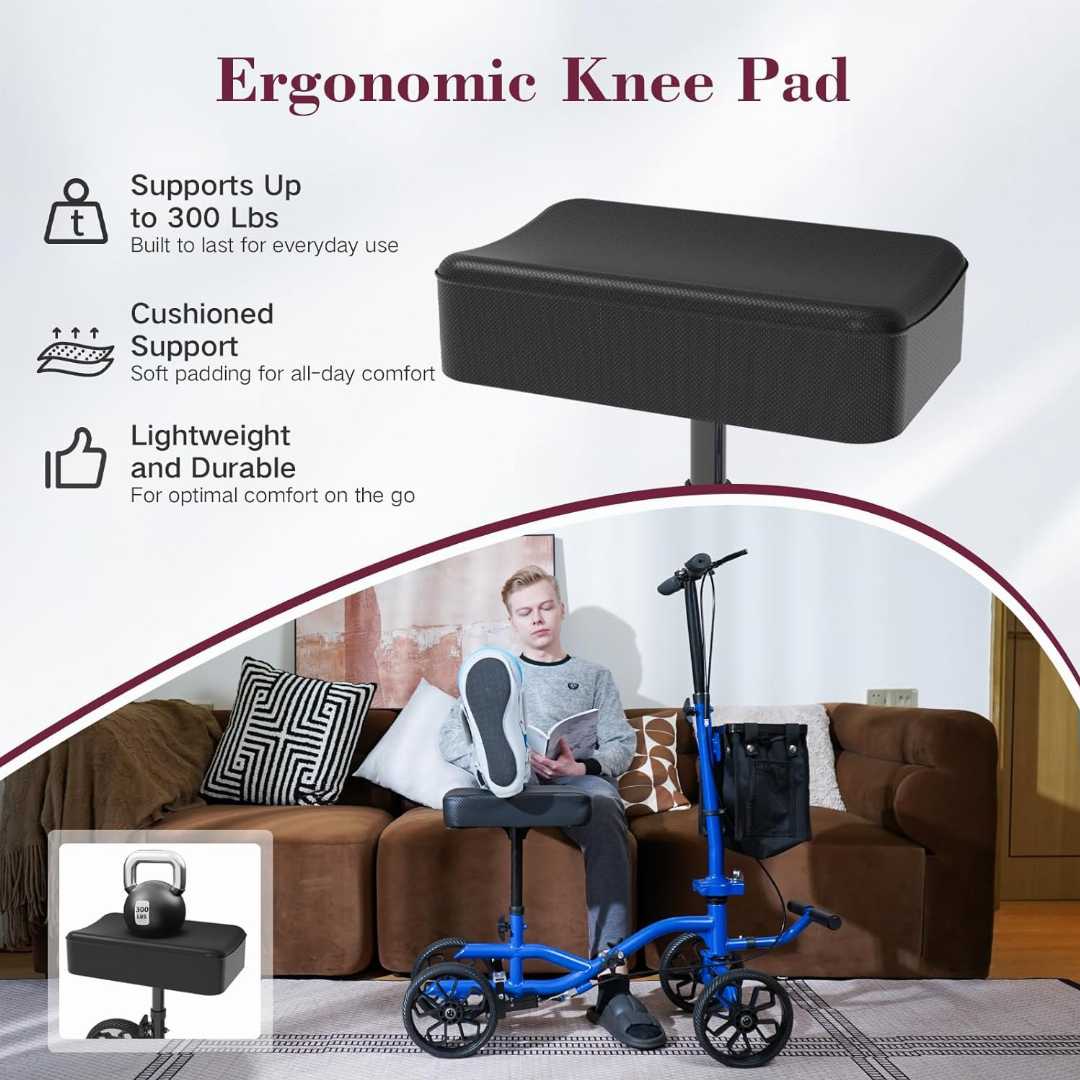 knee scooter, knee walker, foldable knee scooter, adjustable knee scooter, knee scooter for foot surgery, steerable knee walker