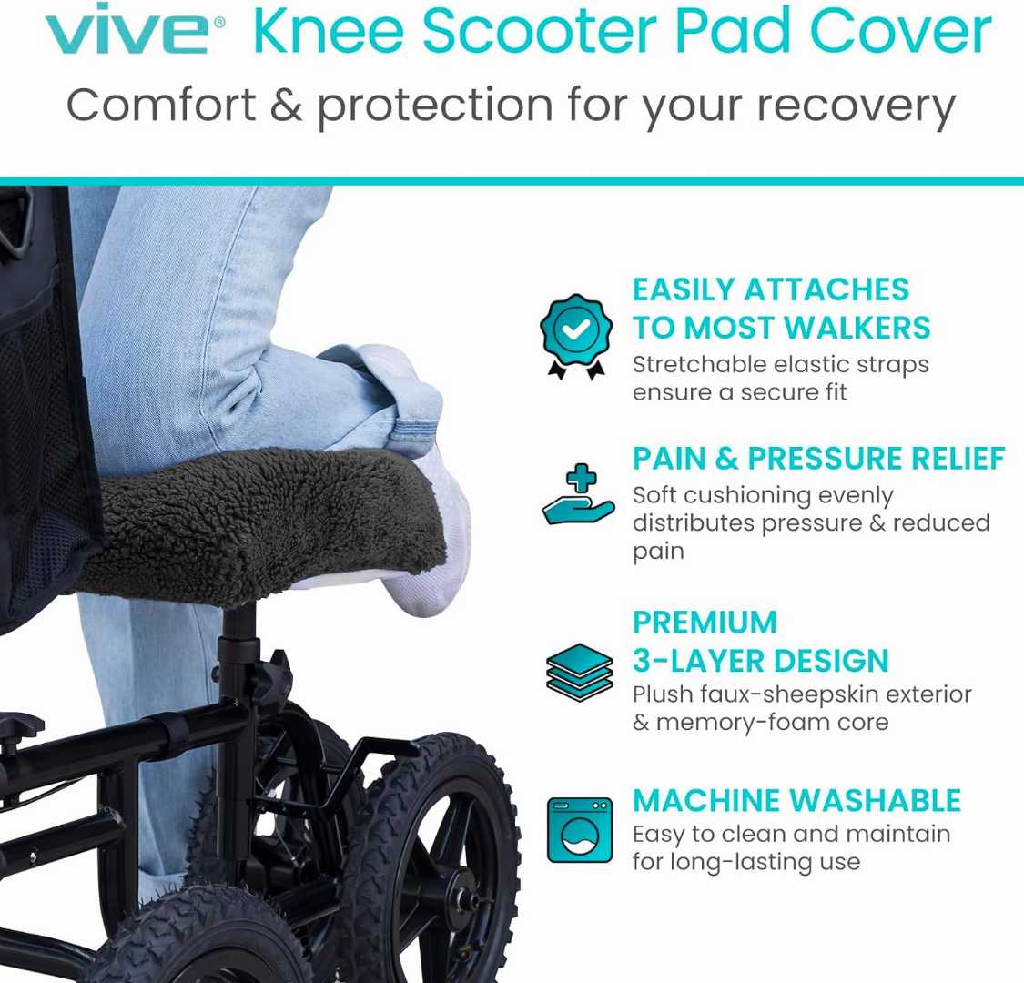 knee scooter pad cover, memory foam knee cushion, knee walker pad cover, soft sheepskin knee cover, knee scooter accessory.