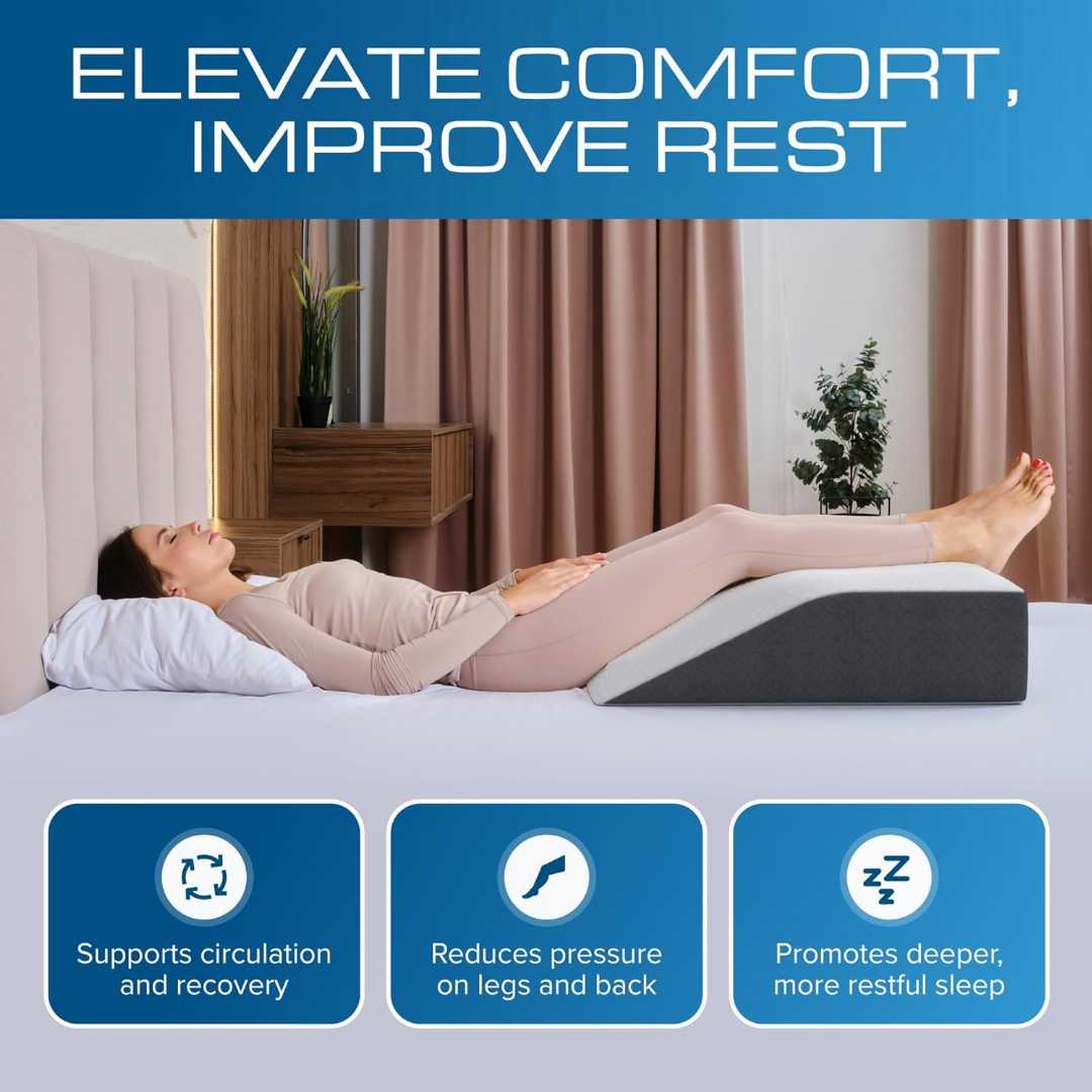 Kölbs leg elevation pillow, bed wedge pillow, flat top leg pillow, post surgery pillow, knee ankle elevation pillow, leg wedge pillow.
