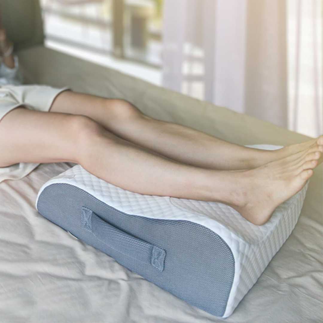 leg elevation pillow, knee recovery pillow, BlissfulNest pillow review, memory foam leg pillow, post surgery pillow, leg wedge pillow.