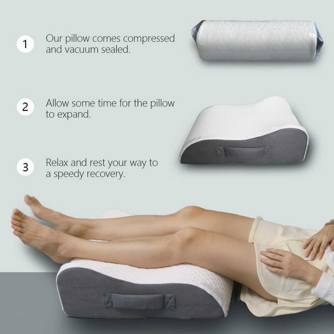 leg elevation pillow, knee recovery pillow, BlissfulNest pillow review, memory foam leg pillow, post surgery pillow, leg wedge pillow.
