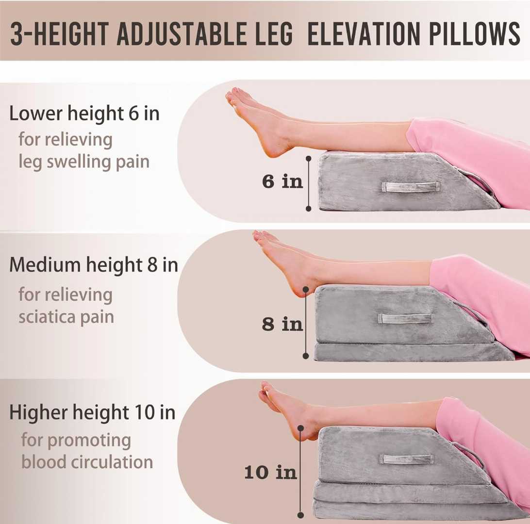 Jakoola Wedge Pillow with 3 adjustable heights offers leg elevation, reduces swelling, and relieves back, knee & sciatica pain. Ideal for recovery.