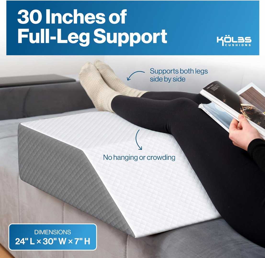 Kölbs leg elevation pillow, extra wide wedge pillow, leg wedge pillow, knee pain pillow, post surgery pillow, memory foam leg pillow.
