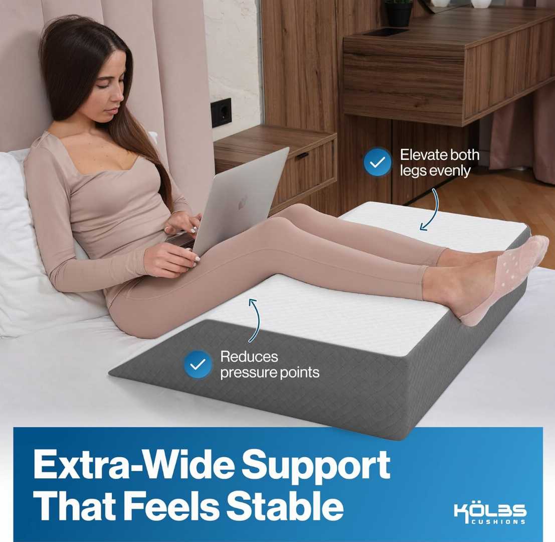 Kölbs leg elevation pillow, extra wide wedge pillow, leg wedge pillow, knee pain pillow, post surgery pillow, memory foam leg pillow.