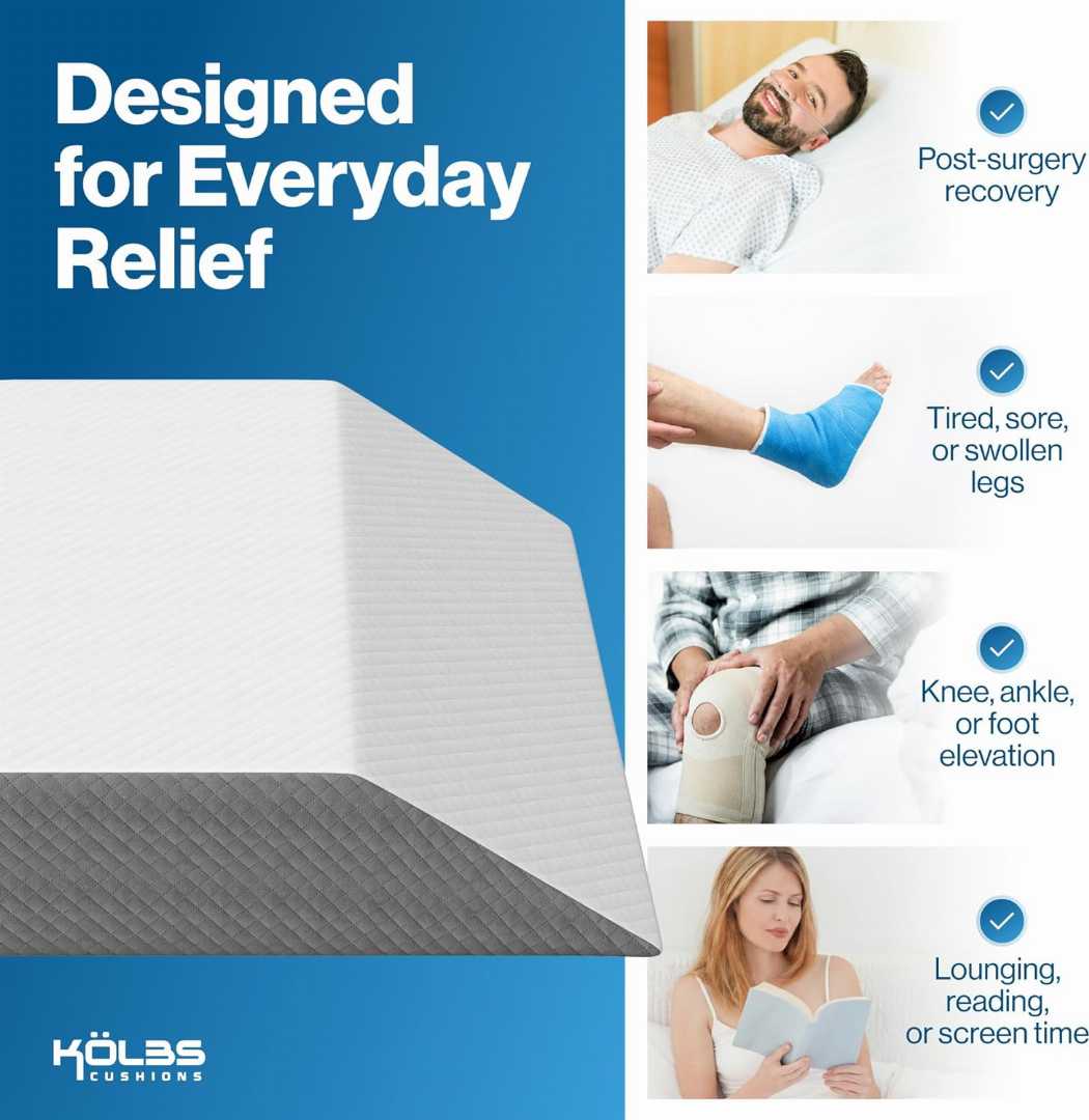 Kölbs leg elevation pillow, extra wide wedge pillow, leg wedge pillow, knee pain pillow, post surgery pillow, memory foam leg pillow.
