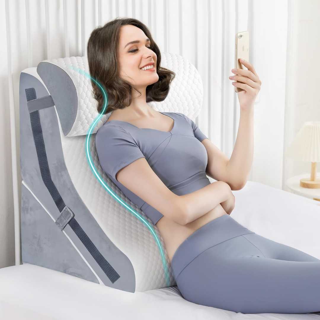 wedge pillow for sleeping, orthopedic wedge pillow, memory foam wedge pillow, acid reflux pillow, post surgery pillow, adjustable incline pillow.
