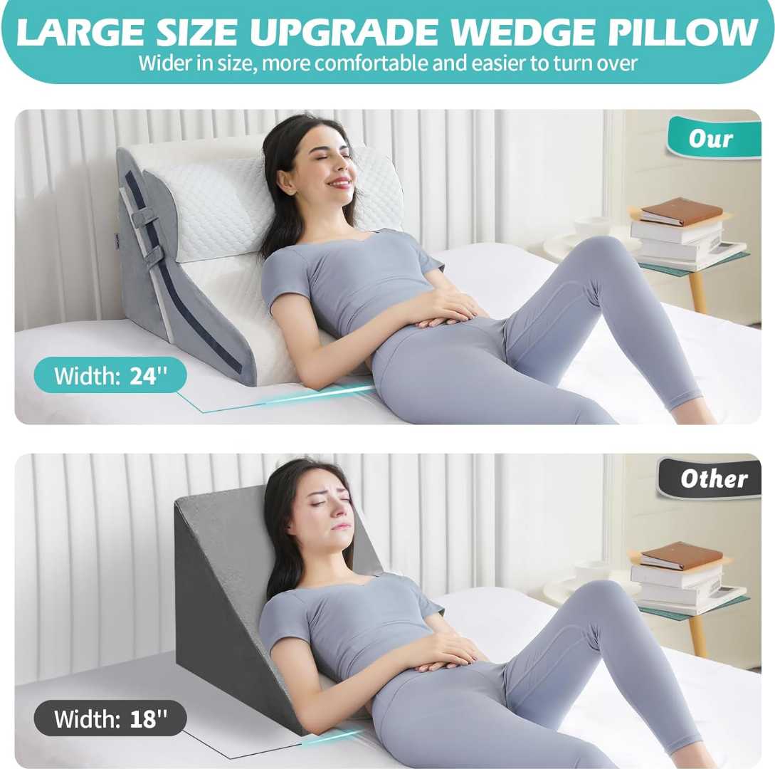 wedge pillow for sleeping, orthopedic wedge pillow, memory foam wedge pillow, acid reflux pillow, post surgery pillow, adjustable incline pillow.
