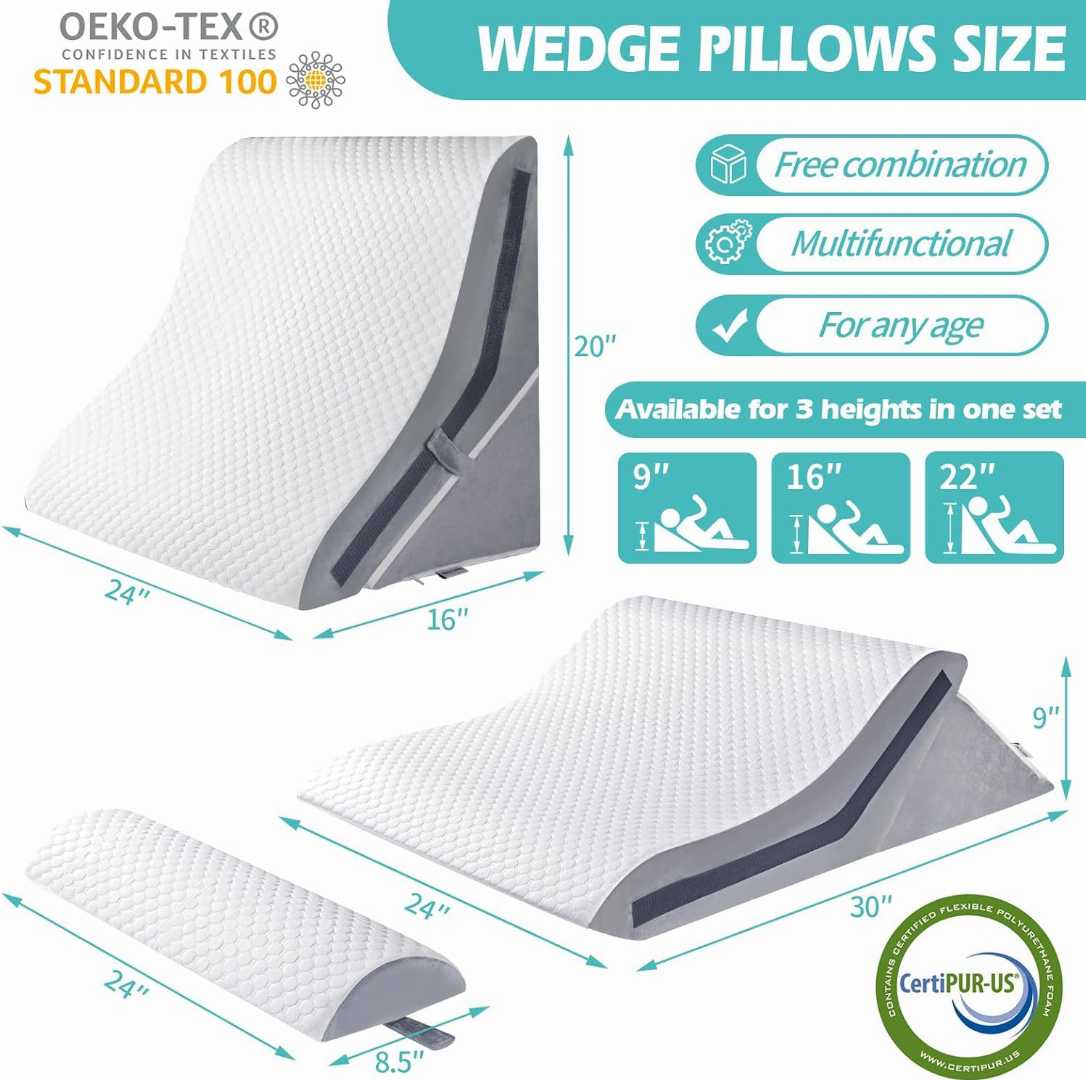 wedge pillow for sleeping, orthopedic wedge pillow, memory foam wedge pillow, acid reflux pillow, post surgery pillow, adjustable incline pillow.
