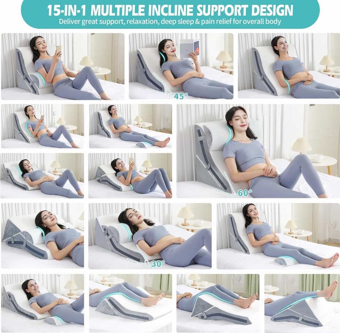 wedge pillow for sleeping, orthopedic wedge pillow, memory foam wedge pillow, acid reflux pillow, post surgery pillow, adjustable incline pillow.
