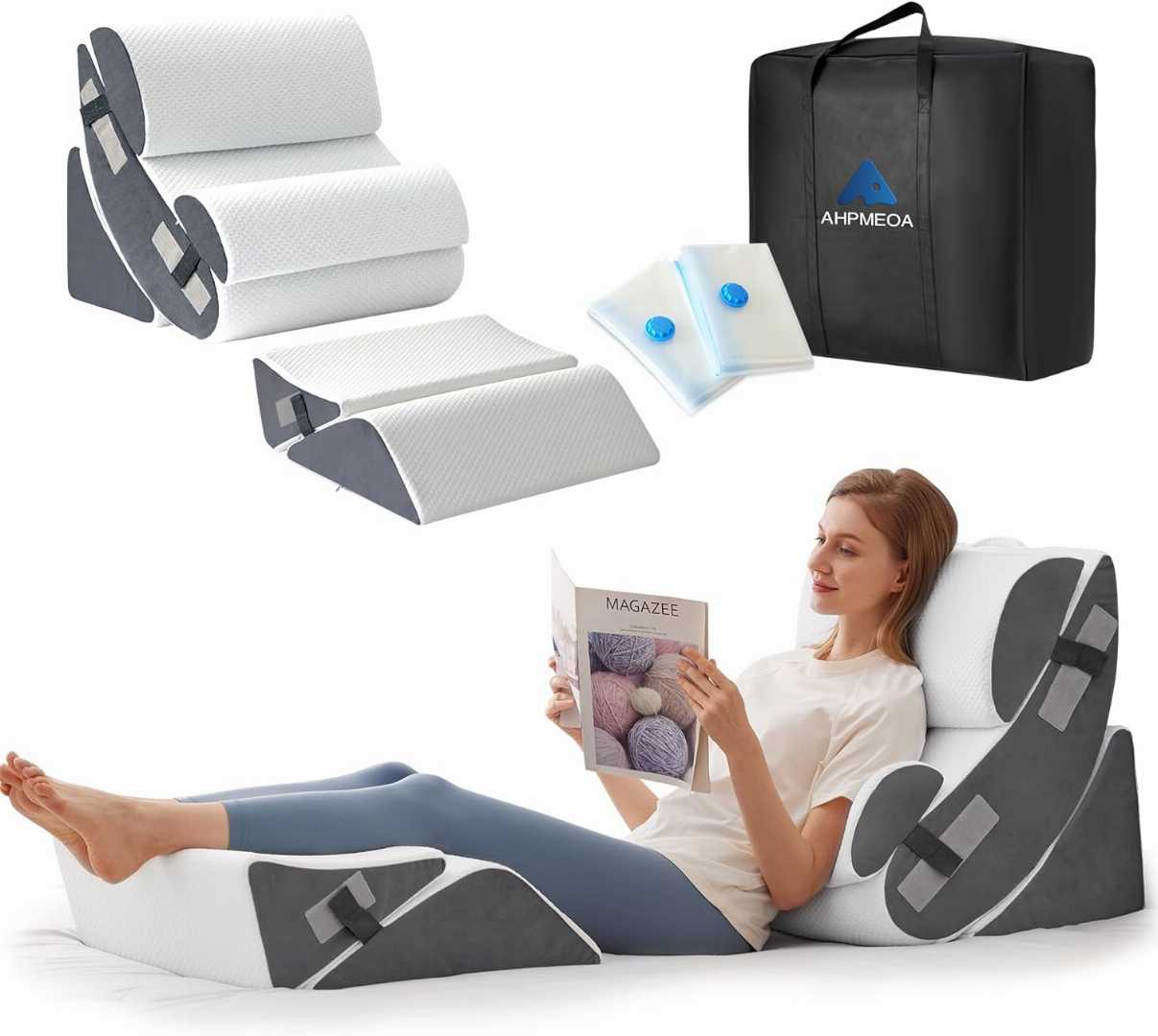 orthopedic wedge cushion, Ahpmeoa wedge set, memory foam bed wedge, GERD pillow, acid reflux pillow, back pain relief cushion, anti snoring pillow

