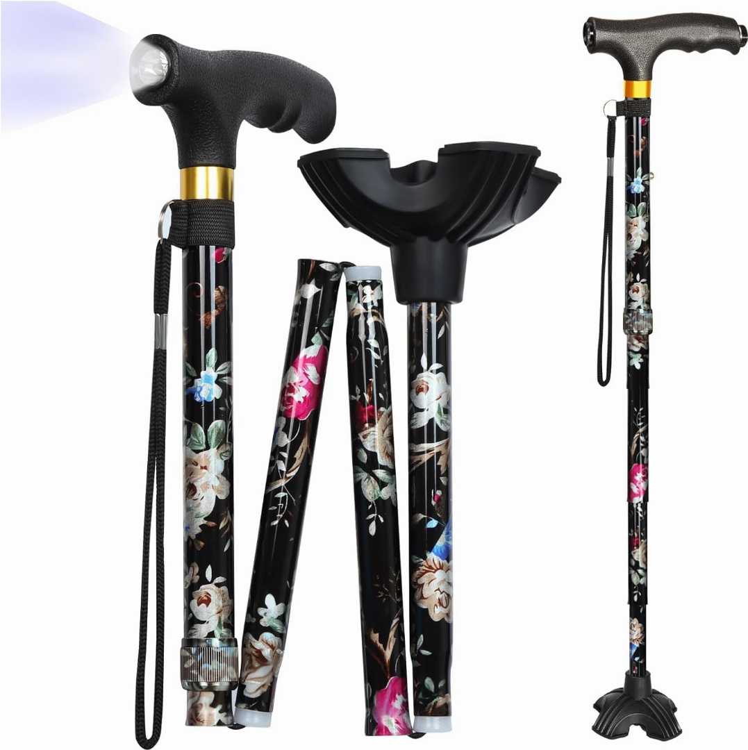 Durable Stylish Cane for Seniors,Ultra-Lightweigh Walking Cane,,Walking Cane with LED Light,senior mobility walking aid cane, sturdy walking cane for balance support, portable folding cane for senior